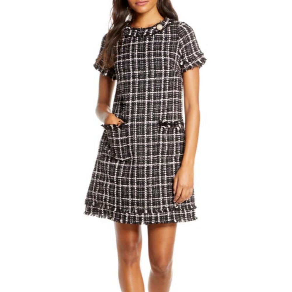 New 138$ Harper Rose Tweed Women's 6P Petite Black Fringe Trim Plaid Shift Dress
